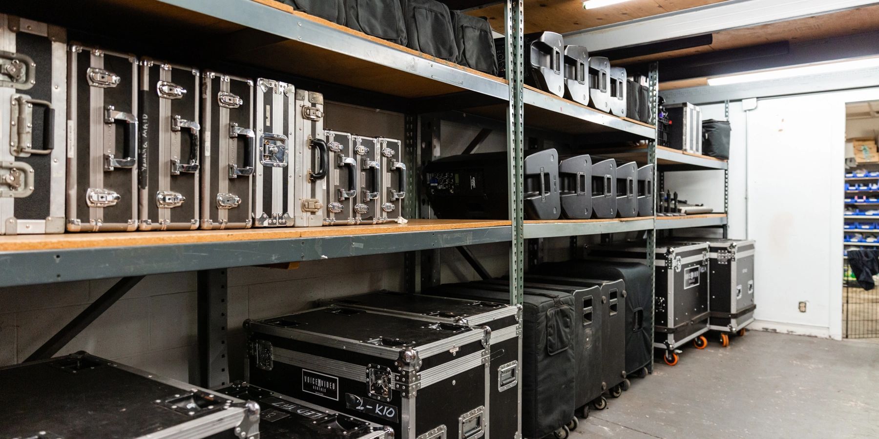 Shelves of AV rental equipment